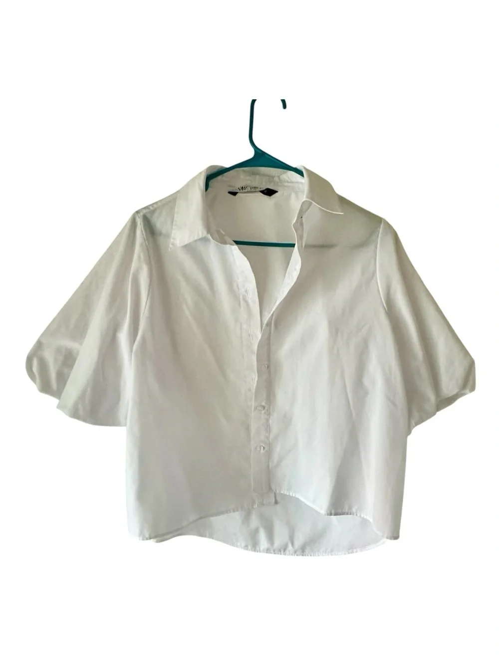 ZARA Women’s White Cotton Woven Collared Button-Up Puff Short Sleeve Blouse M